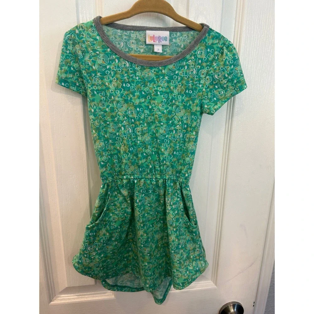 LuLaRoe Dress Green Geometric‎ Print Elastic Waist Pockets Kids Size 2 bin A